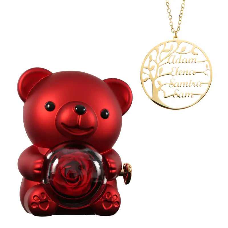 Ours Rose Éternelle + Collier « I Love You » – Boîte Cadeau Fleurs Préservées – Anniversaire, Saint-Valentin, Maman