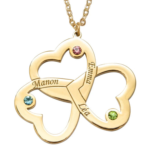 Collier Prénoms Tri-Coeur Personnalisés et Pierre de Naissance
