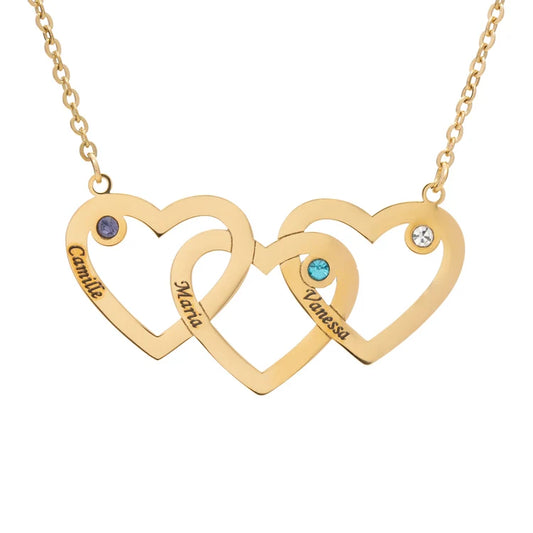 Collier Coeur Triple Personnalisé et Pierre de Naissance
