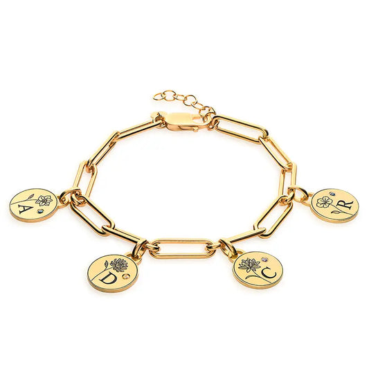 Bracelet à Pendentifs Personnalisés avec Fleurs et Pierres de Naissance