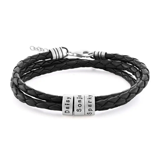 Bracelet tressé en cuir noir pour femme, orné de petites perles personnalisées