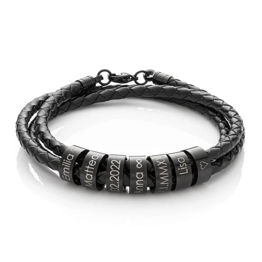 Bracelet en cuir avec anneaux prénom noirs